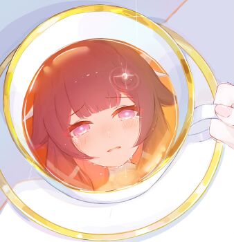 1girl blush columbina_(genshin_impact) commentary crying crying_with_eyes_open cup genshin_impact highres holding holding_cup plate purple_eyes reflection reflection_focus reflective_liquid ripples sad solo streaming_tears tansanlemon100 tea teacup tears
