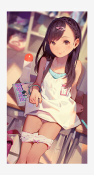 1girl :p backpack bag black_eyes black_hair blurry blurry_background blush border bracelet braid classroom cleft_of_venus closed_mouth desk desperate dress female_focus fuckable hair_ornament hairclip highres indoors japanese_text jewelry light_particles loli long_hair looking_at_viewer lube_bottle manga_(object) muk_(monsieur) naughty_face on_desk original panties panty_pull pornography pussy pussy_juice pussy_juice_trail randoseru school_desk sex_toy sitting smile solo teasing tongue tongue_out underwear unworn_backpack unworn_bag waiting white_border white_dress white_panties wooden_floor