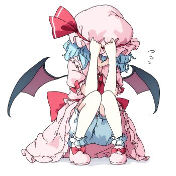 1girl absurdres ascot bat_wings bloomers blue_hair blush bow brooch charisma_guard closed_mouth collared_shirt commentary footwear_bow frilled_shirt_collar frills hands_on_headwear hat hat_ribbon highres immaterial_and_missing_power jewelry mob_cap pink_hat pink_shirt pink_shoes pink_skirt pioartstuff red_ascot red_bow red_ribbon remilia_day remilia_scarlet ribbon shirt shoes short_sleeves skirt sleeve_bow socks touhou translated underwear upskirt white_bloomers white_socks wings