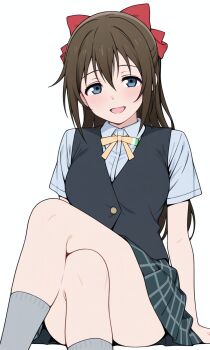 1girl :d black_vest blue_eyes blue_shirt bow breasts brown_hair commentary crossed_legs dania7x dot_nose dress_shirt green_skirt grey_socks hair_between_eyes hair_bow hands_on_ground highres legs_together light_blush long_hair looking_at_viewer love_live! love_live!_nijigasaki_high_school_idol_club medium_breasts miniskirt neck_ribbon nijigasaki_school_uniform open_mouth osaka_shizuku pleated_skirt red_bow ribbon school_uniform shirt short_sleeves simple_background sitting skirt smile socks solo straight-on straight_hair tareme thighs vest white_background yellow_ribbon