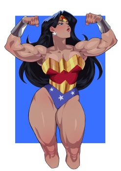 Rule 34 | 1girl, absurdres, amazon warrior, black hair, bracer, breasts, commentary, dc comics, drakkaiart, gold tiara, highres, large breasts, long hair, muscular, muscular female, solo, superhero costume, tiara, wonder woman, wonder woman (series)