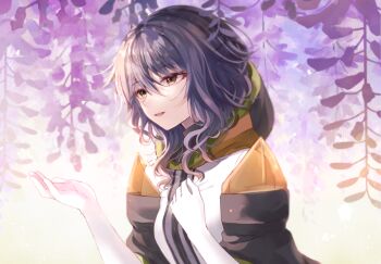 1girl breasts gina_(gnosia) gloves gnosia hair_between_eyes heterochromia hood hoodie long_sleeves medium_hair open_mouth purple_hair rocomani smile solo turtleneck upper_body wavy_hair