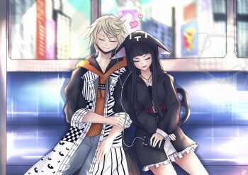 1boy 1girl animal_ears animal_hood belt black_coat black_hoodie black_mask cat_hood closed_eyes coat denim dress ear_piercing earbuds earphones face_mask fake_animal_ears fake_tail grey_dress hetero highres hood hoodie indoors jeans kanade_rindo lipstick listening_to_music long_coat makeup mask mouth_mask orange_hoodie pants piercing plaid_clothes plaid_dress sakurane_shoka sharing shin_subarashiki_kono_sekai sleeves_rolled_up subarashiki_kono_sekai tail