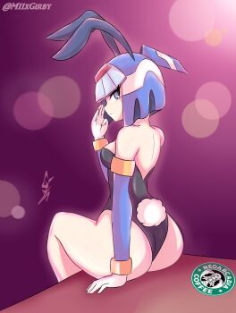 1girl animal_ears arm_at_side ass back bare_back bare_legs bare_shoulders blue_eyes breasts elbow_sleeves female_focus from_behind gloves helmet highleg highleg_leotard highres legs leotard fairy_leviathan_(mega_man) looking_at_viewer looking_back m11xgirby medium_breasts mega_man_(series) mega_man_zero_(series) neck playboy_bunny rabbit_ears rabbit_tail short_hair signature sitting smile solo strapless strapless_leotard sun_glare sunlight thighs twitter_username