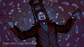 1boy baloolax bloodborne cage character_name commentary cosplay crazy_laugh disembodied_eye english_commentary english_text formal_clothes highres hololive horror_(theme) male_focus mensis_cage micolash_host_of_the_nightmare micolash_host_of_the_nightmare_(cosplay) open_mouth outstretched_arms parody solo spread_arms suit upper_body yagoo