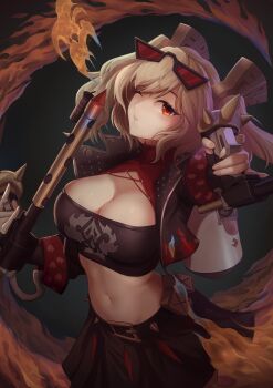 Rule 34 | black jacket, black skirt, blonde hair, breasts, burnice white, cowboy shot, crop top, cropped jacket, eyewear on head, fire, flamethrower, highres, holding, holding flamethrower, holding weapon, jacket, large breasts, leather, leather jacket, navel, one eye closed, red eyes, skirt, strapless, tube top, twintails, weapon, zenless zone zero, zurrohartz