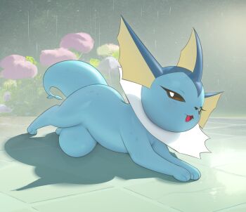 1girl absurdres animal_hands animal_nose ass black_eyes black_sclera blue_scales blue_skin blush cloud cloudy_sky colored_sclera colored_skin creature curvy eyelashes female_focus fins fish_tail flippers furry furry_female garden gen_1_pokemon gills happy head_fins highres hip_bones inkune leaning_to_the_side legs looking_at_viewer lustful_expression lying nintendo on_ground open_mouth outdoors pokemon pokemon_(creature) rain scales shadow skindentation sky tail vaporeon webbing wet wet_floor