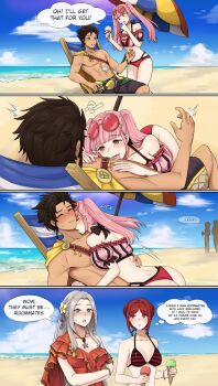 2boys 2girls anafuu bikini black_hair claude_von_riegan edelgard_von_hresvelg fire_emblem fire_emblem:_three_houses food hilda_valentine_goneril ice_cream licking monica_von_ochs multiple_boys multiple_girls nintendo pink_hair red_hair swimsuit white_hair