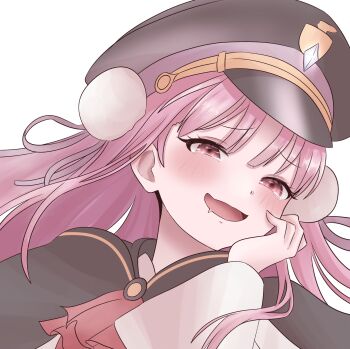 Rule 34 | 1girl, :d, ascot, black cape, black hat, blunt bangs, blush, bun cover, cape, double bun, drooling, floating hair, furrowed brow, hair bun, hair ribbon, hand on own cheek, hand on own face, hand up, hat, heaven burns red, highres, kanikure12, kunimi tama, long hair, mouth drool, naughty face, open mouth, peaked cap, pink eyes, pink hair, red ascot, ribbon, scene reference, simple background, smile, solo, tearing up, white background, white ribbon, wide sleeves