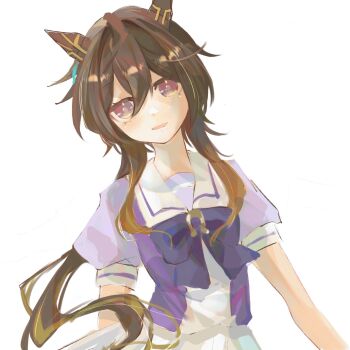 1girl animal_ears bow bowtie brown_hair commentary_request ear_covers hair_between_eyes highres horse_ears horse_girl long_hair looking_at_viewer multicolored_hair open_mouth puffy_short_sleeves puffy_sleeves purple_bow purple_bowtie purple_eyes purple_shirt sailor_collar sailor_shirt school_uniform shipapome shirt short_sleeves simple_background skirt smile solo stay_gold_(umamusume) tracen_school_uniform umamusume white_background white_sailor_collar white_skirt