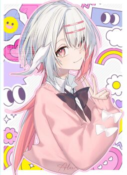 1girl au_ra black_bow bow bowtie closed_mouth collared_shirt colored_inner_hair commentary_request dragon_girl dragon_horns dragon_tail final_fantasy final_fantasy_xiv hair_ornament hairclip highres horns long_hair looking_at_viewer motsuni_(lxxe1120) multicolored_hair parallel_hairclips pink_hair pink_sweater red_eyes scales shirt signature solo sticker sweater tail v warrior_of_light_(ff14) white_bow white_hair white_shirt