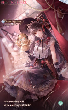 1girl artist_request bare_shoulders black_bow black_bowtie black_dress black_gloves black_hair black_hat black_shoes bow bowtie buckle cersei_(shining_nikki) collared_shirt curtains doll dress expressionless eyelashes feet_out_of_frame floral_print flower frilled_bow frilled_dress frilled_headwear frilled_shirt_collar frills garland_(decoration) gloves grey_pantyhose hat hat_bow hat_ribbon high_collar highres holding holding_doll indoors lace lace-trimmed_dress lace_trim long_dress long_hair looking_at_object looking_at_viewer marking_on_cheek mirage_puppeteer_(shining_nikki) night nikki_(series) official_art pantyhose parted_lips petals pointy_nose red_eyes red_flower red_ribbon red_rose ribbon rose rose_petals rose_print second-party_source shining_nikki shirt shirt_under_dress shoes sidelocks sitting sleeveless sleeveless_dress sleeveless_shirt solo spotlight stage white_shirt witch_hat