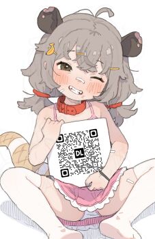 1girl ahoge animal_ears bandaid bandaid_on_face bandaid_on_nose belt_collar bilingual_commentary brown_eyes collar commentary dress english_commentary grey_hair hair_ornament hairclip highres loli long_hair looking_at_viewer macci_(possummachine) mixed-language_commentary no_shoes one_eye_closed original panties pantyshot parted_lips pink_dress possum_ears possum_girl possum_tail possummachine qr_code red_collar simple_background sitting solo spread_legs tail thighhighs twintails underwear white_background white_panties white_thighhighs