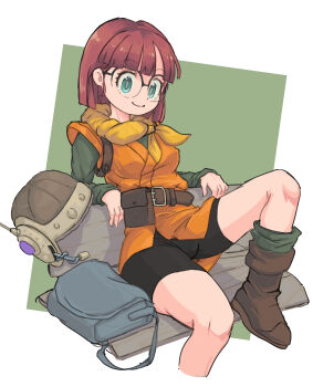 1girl absurdres belt bench bike_shorts black_shorts blunt_bangs blunt_ends boots border brown_belt brown_boots chrono_trigger closed_mouth covered_erect_nipples foot_out_of_frame glasses green_background green_eyes green_socks grey_bag grey_shirt hashtag-only_commentary headset helmet highres lucca_ashtear neckerchief okera orange_tunic parted_bangs purple_hair shirt short_hair shorts sitting smile socks solo tunic unworn_headwear unworn_helmet white_border yellow_neckerchief