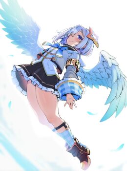 1girl amane_kanata amane_kanata_(1st_costume) angel angel_wings arched_back armband blue_hair bob_cut colored_inner_hair feathered_wings flying gingham_legwear gingham_sleeves gingham_socks grey_hair halo highres hololive multicolored_hair purple_eyes sakanaya_(sakanaya952) smile solo star_halo virtual_youtuber wings