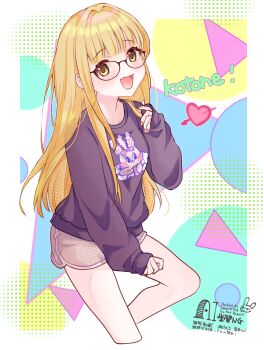 1girl :d absurdres animal_print arrow_through_heart bespectacled black-framed_eyewear black_shirt blonde_hair blunt_bangs blush character_name commentary_request crew_neck cropped_legs dolphin_shorts dotted_background fang fujita_kotone gakuen_idolmaster glasses grey_shorts hair_down hair_intakes hand_up highres idolmaster long_hair long_sleeves looking_at_viewer loungewear official_alternate_costume official_alternate_hairstyle open_mouth potenoinu print_shirt rabbit_print shirt short_shorts shorts skin_fang sleeves_past_wrists smile solo straight_hair triangle triangle_background untucked_shirt watermark white_background yellow_eyes