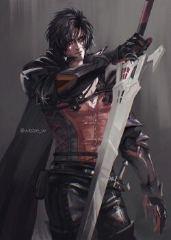 1boy absurdres armor beard_stubble black_armor black_cloak black_gloves black_hair black_pants boots clive_rosfield cloak commentary cowboy_shot english_commentary facial_hair facial_scar final_fantasy final_fantasy_xvi gloves grey_background hair_between_eyes highres holding holding_sword holding_weapon male_focus metal_gloves pants pectorals red_vest scar scar_on_cheek scar_on_face short_hair solo standing stubble sword thigh_boots twitter_username vest weapon wibble_w
