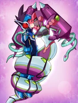 1boy 1girl armor blue_bodysuit blue_helmet bodysuit closed_eyes commentary commission em_wave_change_(mega_man) english_commentary from_side geo_stelar_(mega_man) helmet highres kiss lamia luna_platz_(mega_man) mega_man_(series) mega_man_star_force_(series) midriff monster_girl navel queen_ophiuca_(mega_man) shoulder_armor snake star_force_mega_man stardust_epic