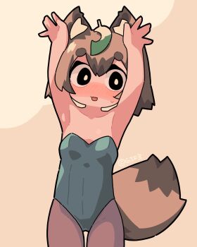 1girl animal_ear_fluff animal_ears armpits arms_up bare_arms bare_shoulders blush breasts brown_background brown_hair brown_pantyhose commentary_request covered_groin grey_leotard highres leaf leaf_on_head leotard looking_at_viewer nose_blush open_mouth original pantyhose raccoon_ears raccoon_girl raccoon_tail short_eyebrows small_breasts small_sweatdrop solo strapless strapless_leotard sweat tail thick_eyebrows twitter_username ugif