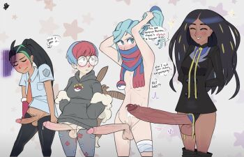 1boy 3futa aqua_eyes aqua_hair armpits bad_anatomy bad_hands bag bandaged_leg bandages black_hair blue_hair blush bow bowtie breasts brown_eyes closed_eyes collared_shirt cum dark-skinned_female dark_skin easybee eevee embarrassed english_text foreskin freckles futanari geeta_(pokemon) gen_1_pokemon glans glasses gloves gold_hair green_hair grusha_(pokemon) hood hoodie huge_penis large_penis medium_breasts minus_sign multicolored_hair multiple_futa navel nemona_(pokemon) nintendo pants penis penis_size_difference penny_(pokemon) plus_sign poke_ball_symbol pokemon pokemon_sv ponytail precum red_hair scarf shaded_face shirt single_glove skirt smile star_(symbol) teeth testicles trap two-tone_hair veins veiny_penis