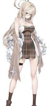 1girl absurdres akane_(blue_archive) alternate_costume bare_shoulders blonde_hair blue_archive blush breasts brown_dress brown_shawl brown_socks cleavage dress glasses hair_between_eyes halo highres jacket large_breasts long_hair long_sleeves looking_at_viewer not_forever2w off-shoulder_dress off_shoulder open_clothes open_jacket parted_lips shawl sidelocks simple_background sleeveless sleeveless_dress smile socks solo thigh_strap two-tone_dress white_background white_jacket yellow_eyes yellow_halo