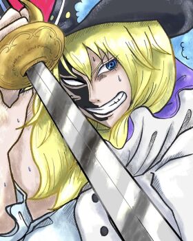 Rule 34 | 1boy, blonde hair, blue eyes, cavendish (one piece), clenched teeth, coat, coat on shoulders, hair between eyes, hakuba (one piece), hashtag-only commentary, hat, highres, holding, holding sword, holding weapon, long hair, male focus, mew2 op, one piece, ringed eyes, solo, sweatdrop, sword, teeth, weapon