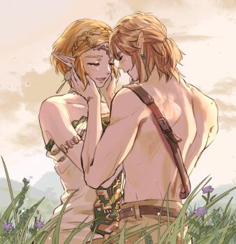 Rule 34 | 1boy, 1girl, armlet, bare shoulders, blush, braid, brown pants, circle, closed eyes, couple, crown braid, dress, earrings, flower, grass, hair between eyes, hands on another's cheeks, hands on another's face, happy tears, hetero, jewelry, kurokawa karasu, link, long dress, medium hair, nintendo, open mouth, outdoors, pants, parted bangs, pointy ears, ponytail, princess zelda, purple flower, short hair, short ponytail, sidelocks, smile, strapless, strapless dress, tears, the legend of zelda, the legend of zelda: tears of the kingdom, topless male, white dress