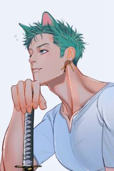 1boy adam&#039;s_apple animal_ears arm_up cat_boy cat_ears commentary_request earrings fang fingernails green_eyes green_hair hand_on_weapon highres jewelry katana kemonomimi_mode kihn_gm looking_up male_focus medium_sideburns one_piece piercing roronoa_zoro shirt short_hair short_sleeves simple_background solo squeans sword upper_body weapon white_background white_shirt