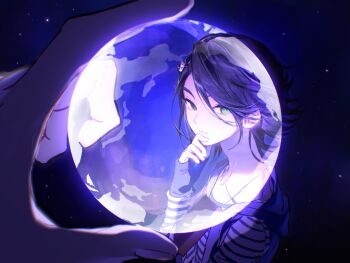 1boy 1other black_hair blue_vest closed_mouth green_eyes hair_between_eyes hanaseto hand_on_own_chin highres holding_globe kamen_rider kamen_rider_w long_sleeves male_focus night open_clothes open_vest outdoors philip_(kamen_rider) shirt short_hair sky sleeves_past_wrists solo_focus star_(sky) starry_sky striped_clothes striped_shirt vest white_shirt