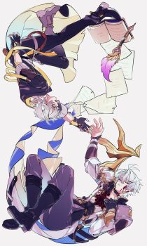 Rule 34 | 2boys, absurdres, antenna hair, arm ribbon, arm up, armor, artist name, as i've written (honkai: star rail), black boots, black choker, black coat, black gloves, black pants, blood, blood on clothes, blue cape, book, boots, caelus (honkai: star rail), cape, choker, closed eyes, coat, commentary, falling, fingerless gloves, floating cape, floating clothes, full body, gloves, gold trim, grey hair, hair between eyes, highres, honkai: star rail, honkai (series), hood, hooded coat, injury, jacket, lapels, long sleeves, looking at another, looking down, male focus, multiple boys, open book, open clothes, open coat, open mouth, pants, paper, phainon (honkai: star rail), pocket watch, puffy long sleeves, puffy sleeves, quill, ribbon, rongyuan gulu, shirt, short hair, shoulder armor, simple background, single glove, spoilers, t-shirt, teeth, thigh strap, trailblazer (honkai: star rail), two-sided cape, two-sided coat, two-sided fabric, untranslatable commentary, watch, white background, white hair, white jacket, white shirt, yaoi, yellow cape, yellow coat, yellow eyes