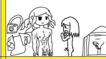 Rule 34 | breasts, completely nude, erection, jitome, kousatsuou kousaku, muscular, muscular child, muscular female, nude, omoide no naka no shoujo, penis, poorly drawn, smile, transparent background, yomawari (series), yomawari san, yuzu (yomawari)