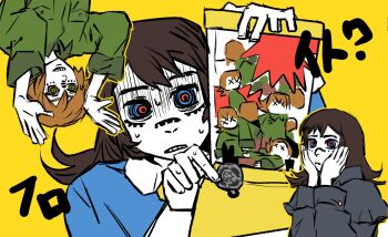 1boy 1girl abaddon_(haunted_hotel) blender_(object) blue_eyes brown_hair coat commentary esther_freeling haunted_hotel highres long_hair matryoshka_(vocaloid) orange_hair parody red_pupils repeeksdnuorg simple_background symbol-only_commentary upper_body yellow_background