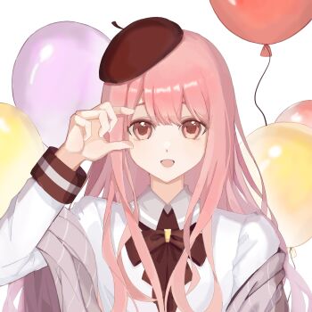 Rule 34 | 1girl, artist request, balloon, beret, bow, bowtie, brown bow, brown bowtie, brown eyes, brown hat, chinese commentary, collared shirt, commentary request, dot nose, grey shawl, happy, hat, highres, light blush, long hair, long sidelocks, long sleeves, miracle nikki, nikki (nikki), nikki (series), open mouth, pink hair, second-party source, shawl, shirt, sidelocks, sleeve cuffs, smile, solo, striped clothes, upper body, vertical-striped clothes, very long hair, white background, white shirt, youth poem (miracle nikki)