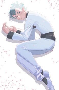 Rule 34 | 1boy, aqua eyes, aqua hair, archer (pokemon), black shirt, black socks, commentary request, delta nonbiri, from above, hands up, jacket, long sleeves, lying, male focus, nintendo, on side, pants, petals, pokemon, pokemon hgss, shirt, shoes, short hair, smile, socks, solo, team rocket, team rocket uniform, white jacket, white pants