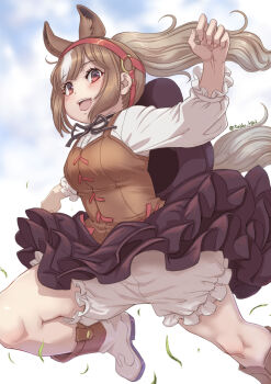 1girl animal_ears blue_sky boots brown_eyes brown_hair chestnut_thoroughbred_(kemono_friends) dress extra_ears frills hair_ornament highres horse_ears horse_girl horse_tail kemono_friends kemono_friends_3 kosai_takayuki long_hair looking_at_viewer neck_ribbon outdoors ponytail ribbon shirt shorts skirt sky solo tail