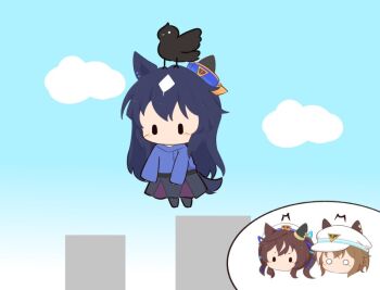 3girls animal_ears bird black_shoes black_skirt blue_hair blue_shirt blue_sky brown_hair cheval_grand_(umamusume) chibi chibi_only cloud commentary_request day ears_through_headwear flying gomashio_(goma_feet) hat horse_ears horse_girl horse_tail light_blush long_hair long_sleeves multicolored_hair multiple_girls no_mouth outdoors shirt shoes short_hair siblings sisters skirt sky skyline tail two-tone_hair umamusume v_sisters verxina_(umamusume) vivlos_(umamusume) white_hair white_hat |_|