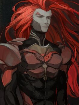 1boy absurdres closed_mouth commentary_request covered_abs highres id_(xenogears) long_hair machibari2 male_focus mecha_pilot_suit monolith_soft night red_hair solo standing toned toned_male xeno_(series) xenogears yellow_eyes