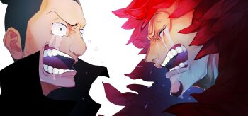 2boys beard black_hair calgara crying crying_with_eyes_open facial_hair facial_mark happy_tears limine long_hair montblanc_noland multiple_boys one_piece open_mouth red_hair short_hair skypiea smile snot tears