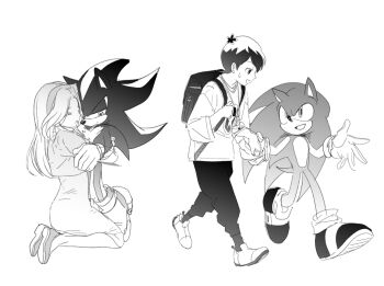 1girl 3boys backpack bag closed_eyes dochisukiovo full_body furry furry_male gloves greyscale hug kneeling maria_robotnik monochrome multiple_boys open_mouth shadow_the_hedgehog simple_background sonic_(series) sonic_and_the_blade_of_courage sonic_the_hedgehog star_(symbol) sweat yuuta_(sonic)