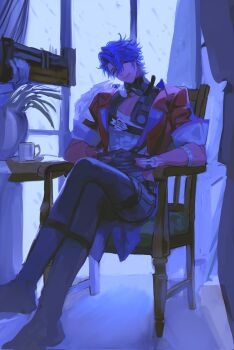 1boy 1nuwfisdfn52516 black_gloves blue_hair chair closed_eyes closed_mouth crossed_legs curtains full_body gloves hair_over_one_eye highres honkai:_star_rail honkai_(series) indoors looking_at_viewer male_focus pectoral_cleavage pectorals sampo_koski short_hair sitting smile solo window