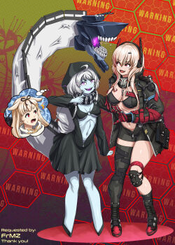 3girls :d anger_vein arm_behind_back backpack bag bikini bikini_under_clothes black_bikini black_coat black_jacket blonde_hair blue_skin boots breasts coat colored_skin commentary commission confused crossover english_commentary evil_smile fangs full_body girls'_frontline girls'_frontline_2:_exilium hair_ornament hairclip half-heart_hands hand_on_another's_shoulder hands_up headgear heart heart_hands heart_hands_duo highres hood hood_up jacket kantai_collection knee_pads long_hair looking_at_another looking_at_viewer m4_sopmod_ii_(girls'_frontline) medium_breasts medium_hair multicolored_hair multiple_girls navel nervous_smile o-ring o-ring_bikini o-ring_top open_clothes open_jacket open_mouth pixiv_commission purple_eyes re-class_battleship red_eyes red_hair rigging scarf single_bare_leg single_thighhigh smile soppo_(girls'_frontline_2) standing stomach streaked_hair substance20 surprised swimsuit tail thighhighs thighs unzipped very_long_hair white_hair yuudachi_(kancolle) yuudachi_kai_ni_(kancolle)