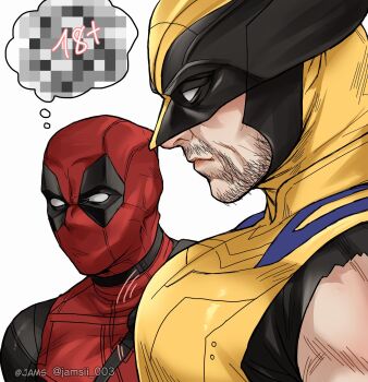 2boys artist_name bara beard black_bodysuit bodysuit censored_thought closed_mouth commentary content_rating deadpool deadpool_&amp;_wolverine deadpool_(series) english_commentary facial_hair from_side girl_staring_at_guy's_chest_(meme) highres jams large_pectorals male_focus marvel mask meme multicolored_bodysuit multiple_boys muscular muscular_male pectorals pervert red_bodysuit red_mask short_hair sleeveless superhero_costume two-tone_bodysuit white_background wolverine_(x-men) x-men yaoi yellow_bodysuit