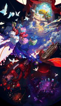 5girls animal_ear_fluff animal_ears bird blue_hair cat_ears cat_girl cat_tail chino_(valis) circus city cityscape dress full_body green_hair highres kamitsubaki_studio looking_at_viewer multiple_girls myu_(valis) neffy_(valis) outdoors pigeon rara_(valis) red_hair renzeanue short_hair sinsekai_record star_(symbol) tagme tail valis_(sinsekai) white_hair