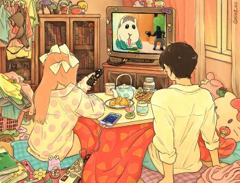 Rule 34 | 1boy, 1girl, absurdly detailed composition, arm support, artist name, book, bookshelf, bow, brown hair, cable, cellphone, collared shirt, commentary request, controller, couple, cup, curtains, cushion, english text, figure, food, from behind, hair bow, hand up, hatsune miku, heart, hello kitty, hello kitty (character), highres, holding, holding controller, holding remote control, indoors, iphone, kettle, kotatsu, loaded interior, long hair, long sleeves, molcar, my melody, my melody (series), orange hair, original, otaku, otaku room, oversized clothes, pajamas, phone, plate, polka dot, polka dot shirt, power strip, procreate (medium), pui pui molcar, remote control, ring 411, sanrio, shiromo (pui pui molcar), shirt, short hair, signature, sitting, slice of life, smartphone, star (symbol), sticker, table, television, twitter username, unworn clothes, vocaloid, watching television, white bow, white shirt, window