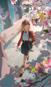 2girls absurdres bag black_skirt bolichar bow brown_hair cherry_blossoms day full_body green_eyes hair_bow high_heels highres jacket long_hair long_sleeves multiple_girls outdoors red_jacket rosa_(tears_of_themis) shirt shoulder_bag skirt solo_focus standing tears_of_themis walking watermark weibo_username weibo_watermark white_bow white_shirt