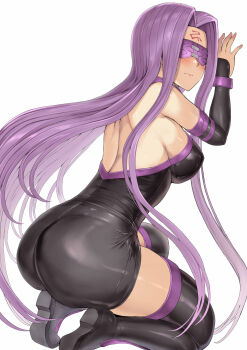 1girl ass bare_shoulders black_dress black_thighhighs blush breasts collar detached_sleeves dress facial_mark fate/stay_night fate_(series) forehead forehead_mark hakaba_(dairiseki) highres kneeling large_breasts long_hair looking_at_viewer looking_back medusa_(fate) medusa_(rider)_(fate) parted_bangs purple_eyes purple_hair short_dress sidelocks solo thighhighs very_long_hair