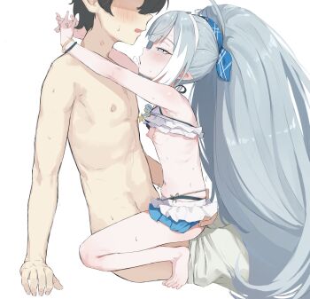 1boy 1girl bare_shoulders barefoot bikini blue_eyes blush breasts esearu female_tyrant_(stella_sora) grey_hair hairband hetero high_ponytail highres hug long_hair miniskirt nipples pointy_ears ponytail sex skirt small_breasts stella_sora straddling swimsuit tyrant_(stella_sora) very_long_hair white_bikini white_skirt