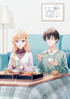 Rule 34 | 1boy, 1girl, asamura yuuta, ayase saki, blonde hair, bowl, brother and sister, brother and step-sister, brown cardigan, brown hair, brown sweater, cardigan, chopsticks, closed mouth, collared shirt, couch, cover image, cup, eating, food, gimai seikatsu, green cardigan, green eyes, hair ornament, hairclip, highres, hiten (hitenkei), holding, holding bowl, holding chopsticks, holding cup, kotatsu, lamp, living room, long hair, long sleeves, looking at another, official art, parted lips, picture frame, purple eyes, rice, second-party source, shadow, shirt, short hair, siblings, sitting, step-brother and step-sister, step-siblings, sushi, sweater, table, under kotatsu, under table, white shirt, wooden bowl