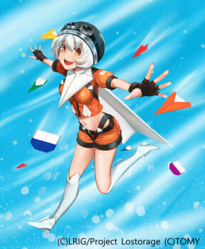 1girl black_gloves black_helmet blue_background character_request copyright_notice dqn_(dqnww) fingerless_gloves gloves helmet looking_at_viewer official_art open_mouth orange_shirt orange_shorts shirt shoes shorts smile solo teeth thighhighs upper_body upper_teeth_only white_shoes white_thighhighs wixoss yellow_eyes