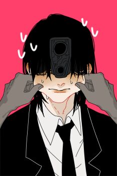 Rule 34 | absurdres, blush, chainsaw man, cheek pinching, closed mouth, colored skin, floatyart, formal clothes, grey skin, gun, gun devil (chainsaw man), hayakawa aki, highres, lips, necktie, pinching, pov, pov hands, spoilers, suit, sweat, weapon